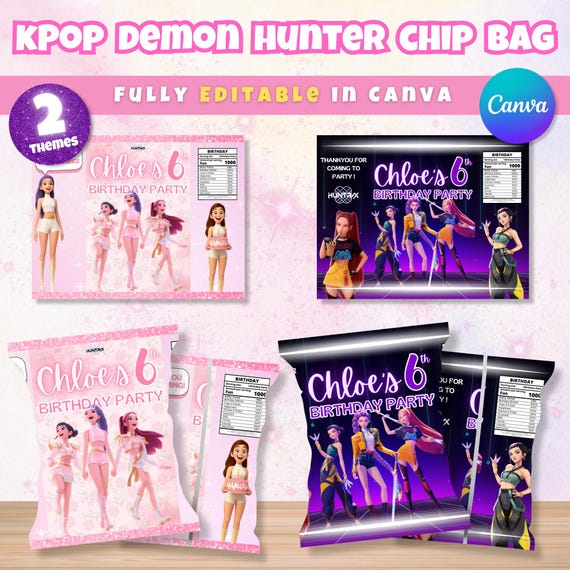 Editable Kpop Demon Hunter Chip Bag Label Template Birthday Party, Personalized K-pop 2 Theme Party Favor, Chip Bag Wrapper Decor PRINTABLE