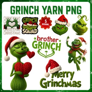 以下が含まれることがあります： グリンチをテーマにしたデジタルデザインのコレクション。画像には、グリンチの顔、全身、および「Grinch Squad」や「Merry Grinchmas」などのテキスト要素を含む、さまざまなイラストが掲載されています。デザインは緑、赤、白です。