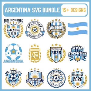 Puede incluir: Una colección digital titulada ARGENTINA SVG BUNDLE 15+ DESIGNS que presenta varios emblemas de fútbol. Los gráficos incluyen escudos, coronas de laurel, estrellas, balones de fútbol y la bandera argentina en colores azul claro, blanco y dorado.