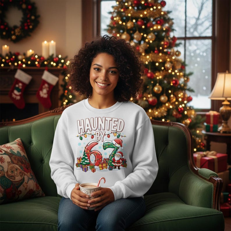 May include: A white sweatshirt with the text "HAUNTED BY 67" in red and green, with Christmas lights and Santa Claus graphics. The person is sitting on a green couch in front of a Christmas tree.