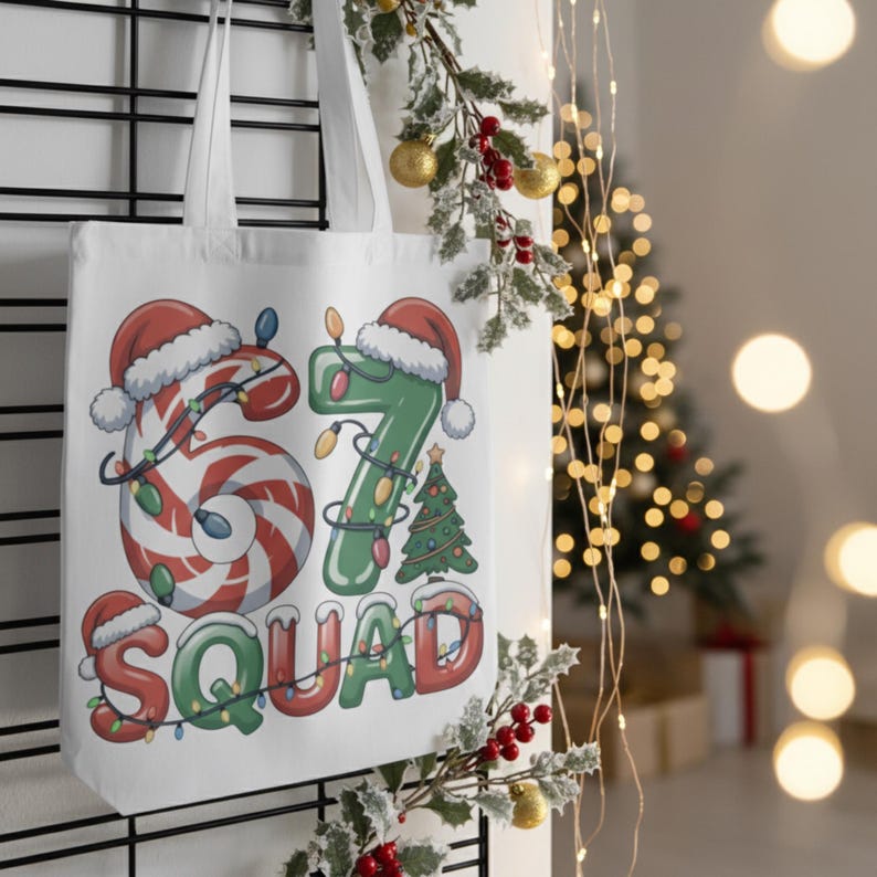 May include: White tote bag with a festive design. The design features the number "67" in a candy cane style and green, with Santa hats and Christmas lights. The word "SQUAD" is below the numbers. A Christmas tree is also included.