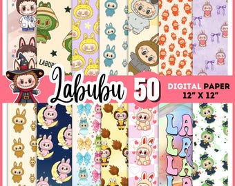 Labubu Digital Paper Pack: 50 Kawaii Monster Designs (12&quot;x12&quot; Instant Download)