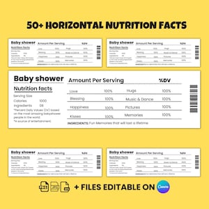 May include: A printable nutrition facts label for a baby shower with the title "Baby Shower Nutrition Facts". The label lists ingredients such as love, hugs, music and dance, pictures, and memories, all with a 100% daily value. The label also includes the text "Fun Memories that will last a lifetime".