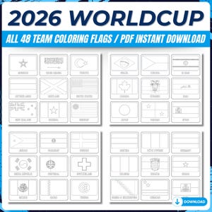 May include: A digital coloring page set titled 2026 WORLDCUP ALL 48 TEAM COLORING FLAGS PDF INSTANT DOWNLOAD. The image displays multiple rectangular outlines of national flags with black line art, intended for coloring, arranged in a grid.