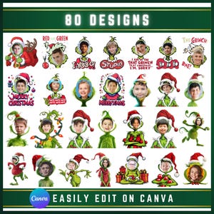 Puede incluir: Una colección de 80 diseños navideños con el personaje de Grinch con varias caras y texto. Los diseños incluyen las frases "Merry Christmas", "I'm the Grinch" y "Ho Ho Ho". La imagen también incluye el texto "Easily Edit on Canva."