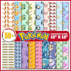 Pokemon Digital Paper Bundle | 50+ Seamless Pokemon Backgrounds | Pikachu Scrapbook Paper, Pokemon Party Printable, 12x12 PNG JPG files