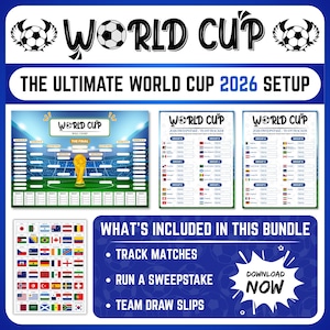 Könnte beinhalten: Ein digitales Paket für die Weltmeisterschaft 2026 mit einem Turnier-Wandplaner, Team-Tracker-Blättern und einer Flaggen-Referenzliste. Die Grafiken zeigen Fußbälle, den Weltmeisterschaftspokal und verschiedene Nationalflaggen mit Text.