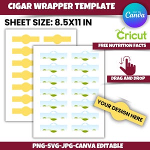 May include: Printable template for cigar wrappers, featuring two designs. The first design is a yellow rectangle with rounded corners. The second design features a green field, a blue sky, and a white cloud. The template is 8.5 inches by 11 inches and is editable in Canva.