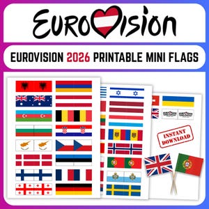 Può includere: Mini bandiere stampabili per l'Eurovision Song Contest 2026. L'immagine presenta fogli di bandiere di vari paesi, tra cui Regno Unito, Portogallo e Ucraina. Il logo dell'Eurovision è in alto, con un cuore austriaco. È visibile anche un timbro "Download istantaneo".