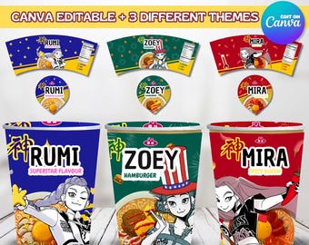 Kpop Demon Hunters, Cup Noodle Labels Ramyeon, Cosplay Party Huntrix Ramen, Rumi Mira Zoey, Kpop party, Printable pack, Halloween party