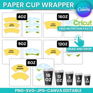Könnte beinhalten: Ein Satz bedruckbarer Papierbecher-Verpackungen in verschiedenen Größen, darunter 4 oz, 8 oz, 9 oz, 12 oz und 16 oz. Die Verpackungen sind gelb mit einem grünen und blauen Landschaftsdesign. Der Text "YOUR DESIGN" ist auf jeder Verpackung enthalten. Der Text "DRAG AND DROP" ist auf der 12 oz Verpackung enthalten. Der Text "FREE NUTRITION FACTS" ist auf der 16 oz Verpackung enthalten. Der Text "Cricut" ist auf der 16 oz Verpackung enthalten. Der Text "EDIT ON Canva" ist in der oberen rechten Ecke des Bildes enthalten. Der Text "PNG-SVG-JPG-CANVA EDITABLE" ist am unteren Rand des Bildes enthalten.