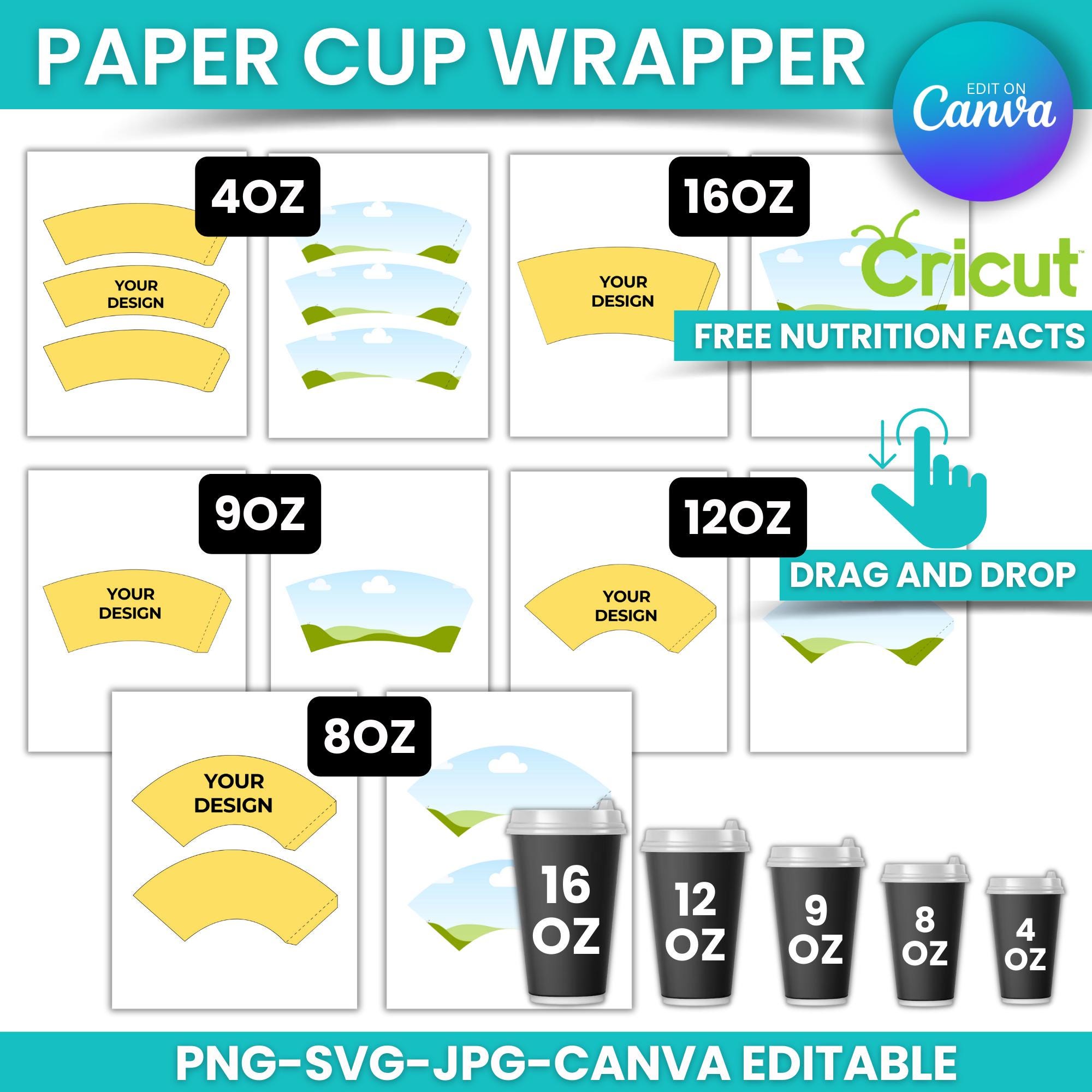 5 Sizes Paper Cup Wrapper Template Bundle, Paper Coffee Cup Template ...