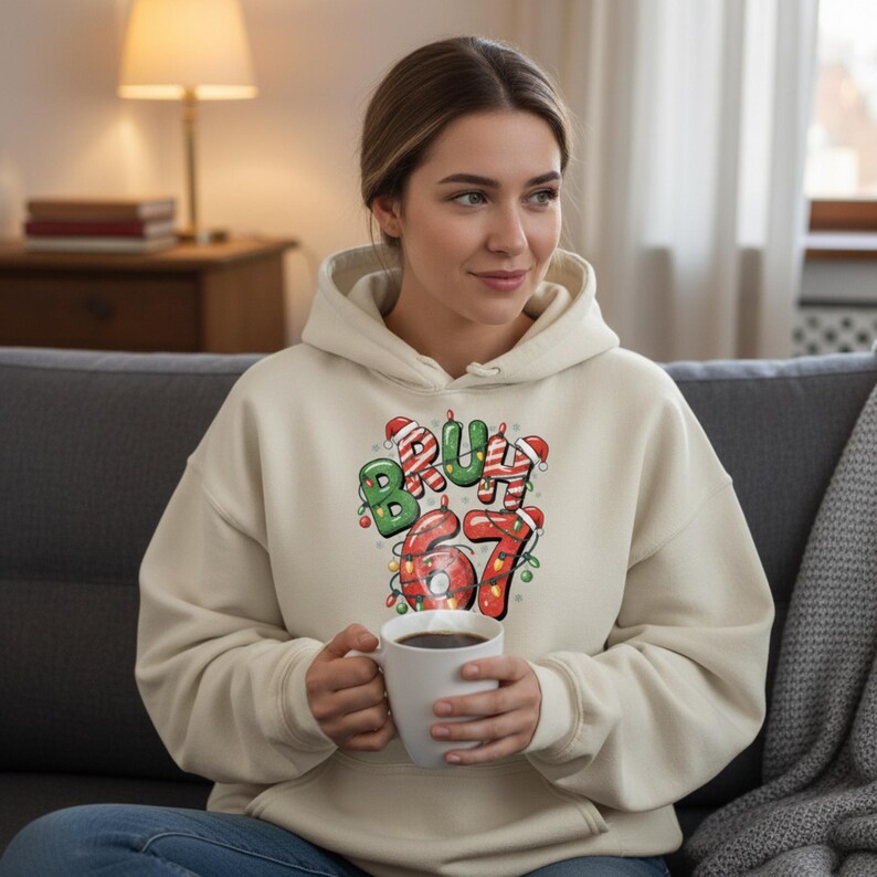 May include: A cream-colored hoodie with the text "Bruh 67" in a festive, Christmas-themed design. The text features green and red colors with candy cane accents and Christmas lights. The person is holding a white mug.