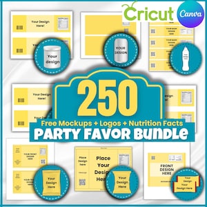 May include: A digital graphic design mockup featuring 250 party favor templates. The image shows various designs for labels, wrappers, and packaging. The text "Free Mockups + Logos + Nutrition Facts Party Favor Bundle" is displayed in a large font.