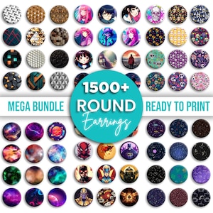 Puede incluir: Una colección de pendientes redondos con varios diseños, incluyendo patrones geométricos, personajes de anime y temas de galaxias. La imagen presenta un mega paquete de más de 1500 pendientes, listos para imprimir. Los pendientes son de varios colores y estilos.