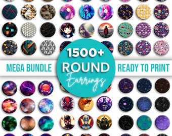 May include: A selection of round earrings showcasing diverse designs, such as geometric patterns, anime characters, and galaxy motifs. The image presents a mega bundle of over 1500 earrings, ready to print. The earrings are in a range of colours and styles.