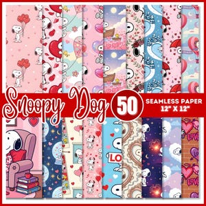 Puede incluir: Una colección de 50 papeles sin costuras con temática de Snoopy Dog, cada uno de 30,48 cm x 30,48 cm. Los diseños presentan a Snoopy en varias escenas con corazones, globos y otros elementos del Día de San Valentín. La paleta de colores incluye rosa, azul y rojo.