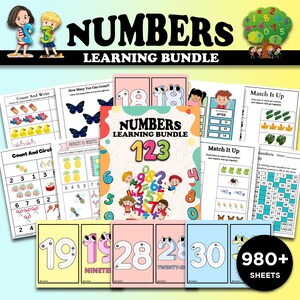 May include: A colourful set of printable worksheets for teaching numbers to young children. The worksheets feature various activities, including counting, matching, and writing numbers. The set includes over 980 sheets and is titled "Numbers Learning Bundle 123".