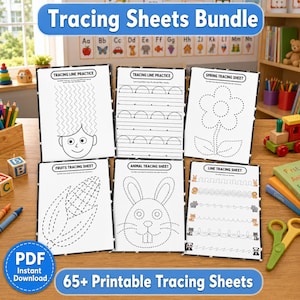 May include: A bundle of six white paper tracing sheets featuring black line drawings for practice. The sheets include exercises for tracing lines, a face, a flower, corn, a rabbit, and various animal patterns with the text Tracing Sheets Bundle.