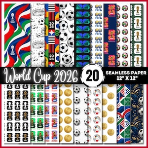 May include: A collection of 20 seamless digital paper patterns featuring FIFA World Cup 2026 branding, footballs, stadiums, and tournament logos. Each design is presented in a 30.48 cm by 30.48 cm format, showcasing various colourful graphic motifs related to the event.