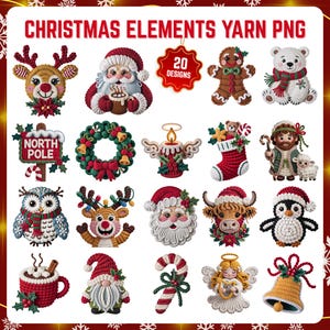 以下が含まれることがあります： トナカイ、サンタクロース、ジンジャーブレッドマン、ホッキョクグマ、フクロウ、ノーム、天使など、20種類のクリスマスをテーマにした糸のデザインのコレクション。デザインは赤、緑、白、茶色など様々な色があります。「CHRISTMAS ELEMENTS YARN PNG」という文字が上部にあります。