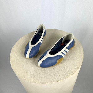 Puede incluir: Un par de bailarinas de cuero azul y blanco con una franja blanca en el centro de cada zapato. Los zapatos tienen una suela de goma marrón.