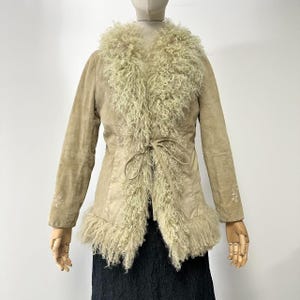 Afghan vintage penny lane coat in genuine leather & mongolian lamb curly trim fur, y2k