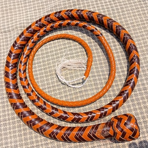 May include: A braided leather whip in shades of brown and orange, coiled on a patterned surface. The whip features a complex woven design and a white tassel at the end of the handle. The overall design is symmetrical and detailed.