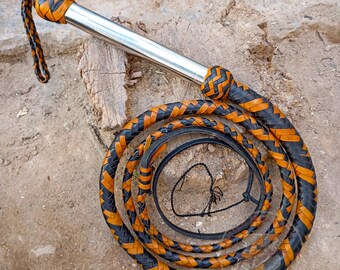 Handmade Cowhide Leather Bull Whip Indiana Jones Style, in Tan and Black Color with Metal Handle 4-12 ft/16 plait