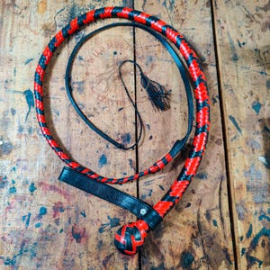 Handmade Cowhide Bullwhip: Indiana Jones Style, Red & Black, 4ft-12ft
