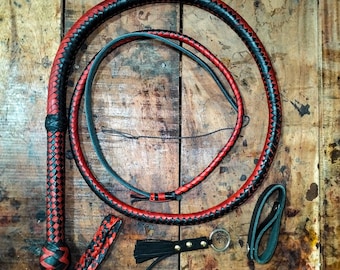 Handmade Kangaroo Leather Bullwhip in Red& Black Color Indiana Jones Style, 4-12 ft/16 plait