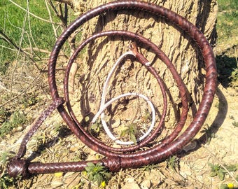 Hand braided Kangaroo Leather Bullwhip in Brandy Color with white fall, 4ft-12ft, 16 plait.