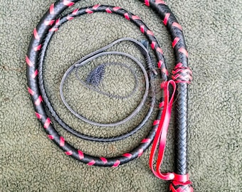 Handmade Kangaroo Leather Whip in Red & Black Color Indiana Jones Style, 4-12 ft/16plait