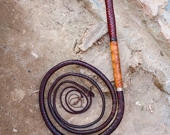 Handmade Kangaroo Stock Leather Bullwhip in Brandy Color with Metal Handle 4-12 ft/ 16plait