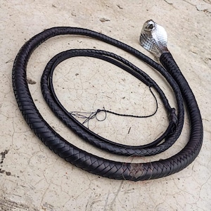 Handmade Kangaroo Snake Leather Bullwhip in Black Color with metal Snake Handle 4-12 ft/16 plait