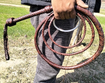 Cowhide Leather Bullwhip in Brandy Color with White fall, 4-12 ft/16 Plait.