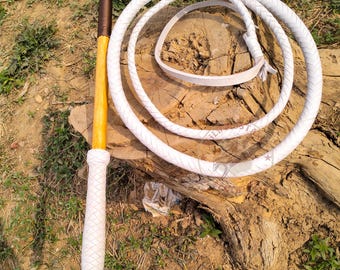 Handmade Kangaroo Stock Leather Bullwhip, White 16 Plait, Wood Handle (4-12 ft)