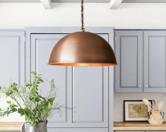 Handmade Copper Dome Pendant Light - Rustic Kitchen Island Hanging Lamp, Farmhouse Dining Room Lighting Fixture