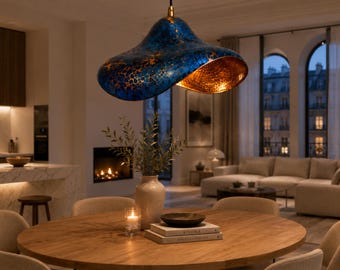 Lámpara colgante de cobre con pátina azul hecha a mano, lámpara colgante marroquí, lámpara de techo escultural orgánica, iluminación de lujo para islas de cocina