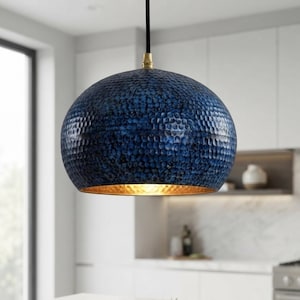Copper Pendant Light, Blue Patina Handmade Moroccan Lamp, Kitchen Island, Dining Room, Entryway Light