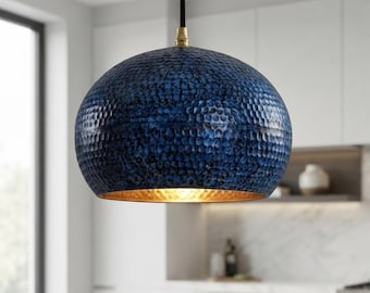 Copper Pendant Light, Blue Patina Handmade Moroccan Lamp, Kitchen Island, Dining Room, Entryway Light