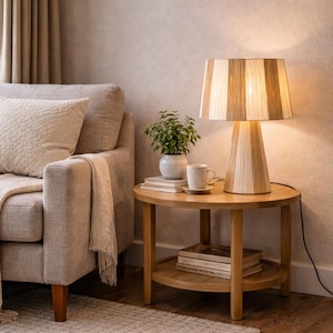 Puede incluir: Una mesa auxiliar redonda de madera con una lámpara, una planta pequeña y una taza. La lámpara tiene una pantalla a rayas beige y marrón claro. La mesa tiene un estante inferior. Un sofá y una alfombra beiges están en el fondo.