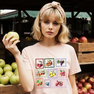 Vintage Fruit Stamp T-Shirt: Cottagecore Botanical Garden Tee