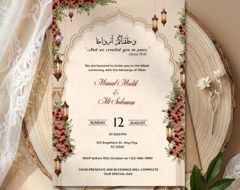 May include: A rectangular wedding invitation template featuring an arched frame, hanging lanterns, and red floral accents. The text includes "And we created you in pairs," names "Manal Malik & Ali Suleman," date "Sunday 12 August," and event details.