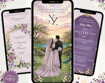 May include: Three smartphone screens displaying an editable engagement video invitation. The designs feature a couple in formal attire, floral arrangements in shades of purple and white, gold accents, and text including names, dates, and locations.