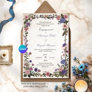 May include: An engagement invitation card with floral border in shades of pink, purple, and blue. The card includes the names Ananya Patel and Rajesh Sharma, with event details for July 20, 2024, at 11 AM. The text "INSTANT DOWNLOAD - EDITABLE ON CANVA" is also visible.