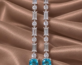 Pendientes colgantes de zafiro azul con forma de cojín, diamantes baguette y redondos cultivados en laboratorio, pendientes de cóctel hechos a mano, regalo para ella.