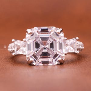 Asscher Lab Diamond Engagement Ring: 18Kt Gold & Platinum Three Stone Ring