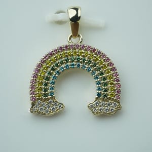 Gold Rainbow Pendant: Multi-Gemstone Pave Cloud Charm, Lab Grown Diamond