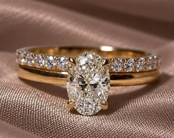 Conjunto de anillo de compromiso ovalado con diamante cultivado en laboratorio, anillo solitario con alianza de boda pavé a juego, conjunto de anillos nupciales hechos a mano, regalo para ella.